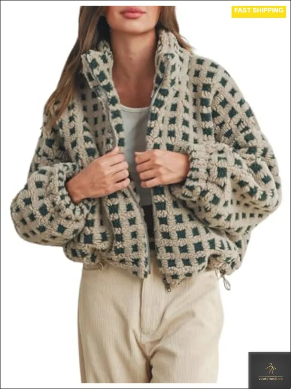 Cropped Sherpa Fleece Plaid Jacket Casual Teddy Fur Zip Up Coat